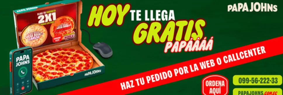 Catálogo Papa John's en Guayaquil | Hoy te llega gratis papa | 2026-04-09T00:00:00.000Z - 2026-04-30T00:00:00.000Z